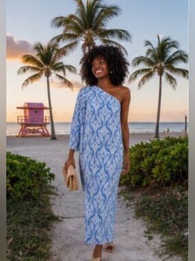 Hyacinth House One Shoulder Blue Resort Midi Dress | Coastal Chic | NWT